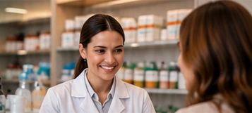 Farmacêutica atendendo uma cliente na farmácia