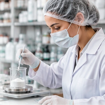 Farmacêutica preparando uma fórmula em laboratório de manipulação